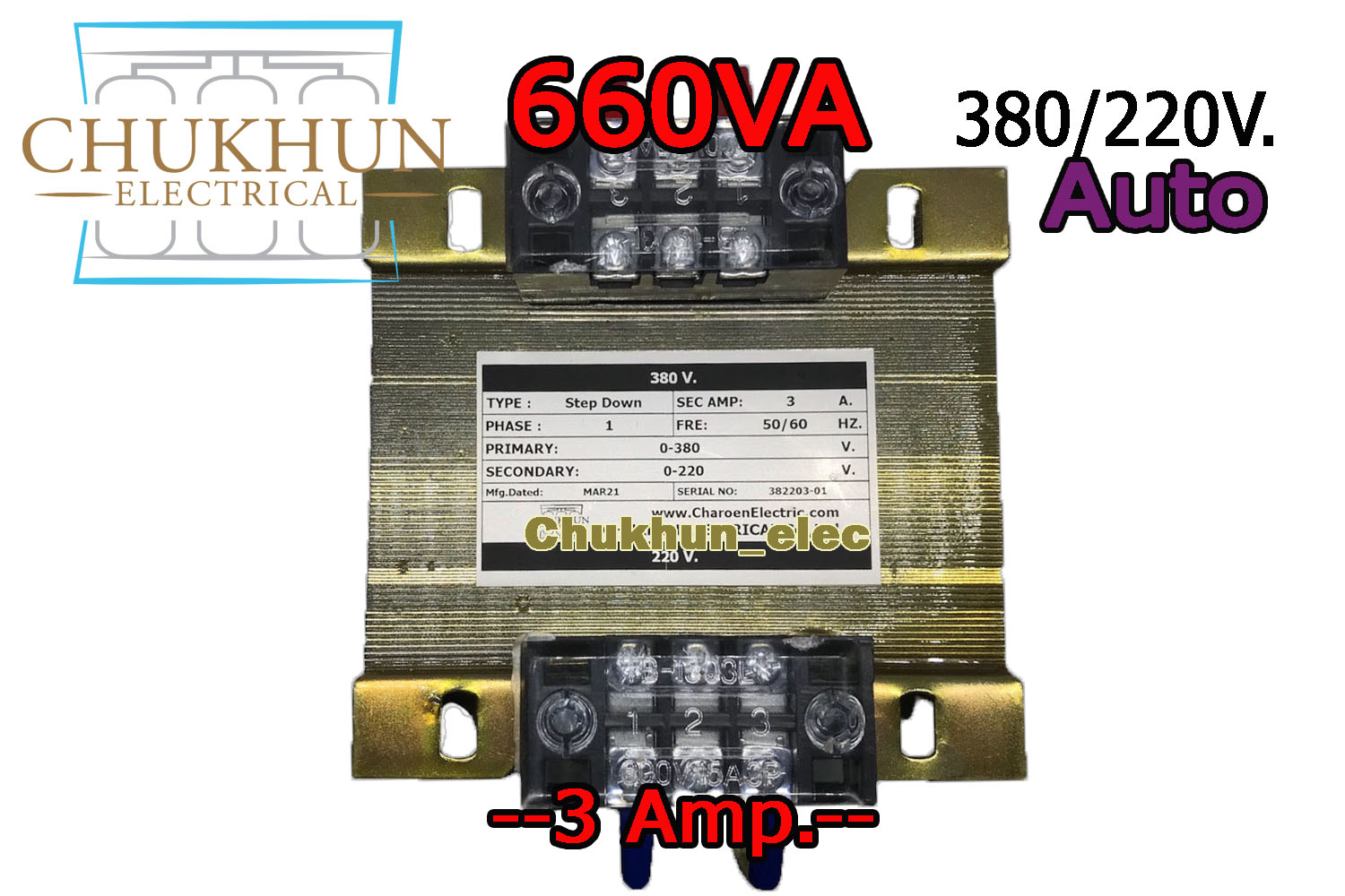 หม้อแปลง Input 380V. Output 220V. 3Amp