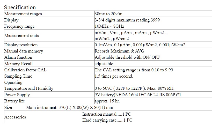 เครื่องวัดกำลังงานคลื่นแม่เหล็กไฟฟ้าแบบ 3 แกน, TENMARS TM-196 EMF Meter High Frequency (RF) Electromagnetic Wave Field Strength Tester.
