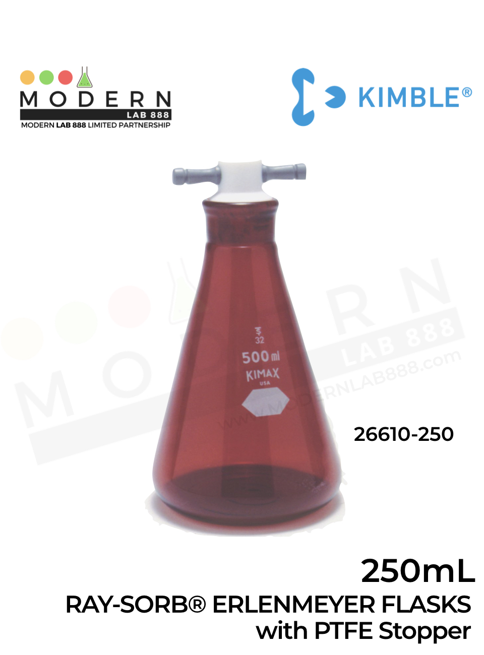 250mL. RAY-SORB® ERLENMEYER FLASKS with PTFE Stopper
