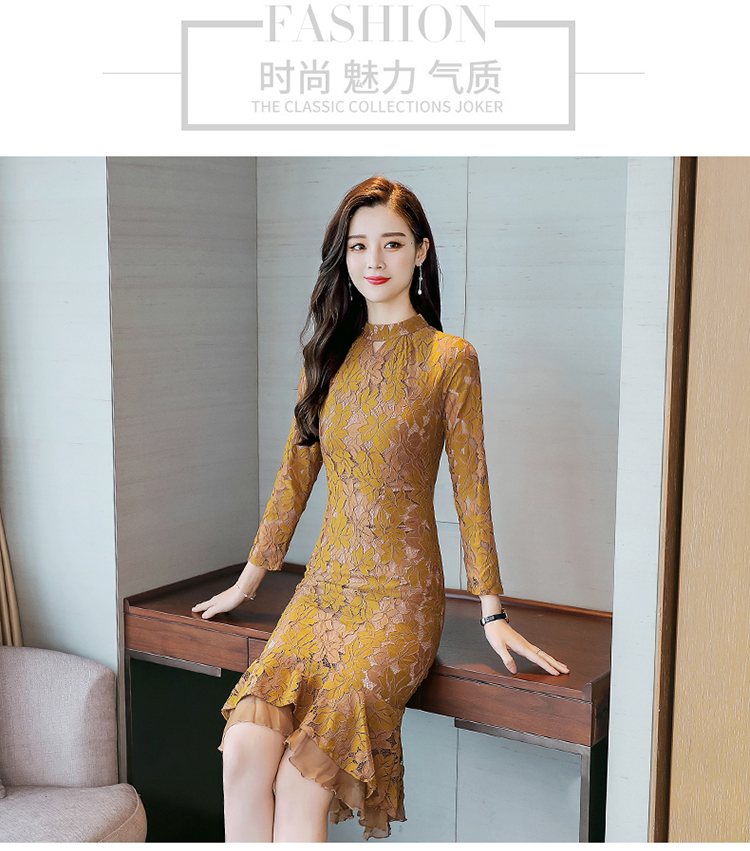 ชุดเดรสผ้าลูกไม้เนื้อดีแขนยาว โทนสีน้ำตาลอ่อน ทรง fish tail ส่งฟรี ems