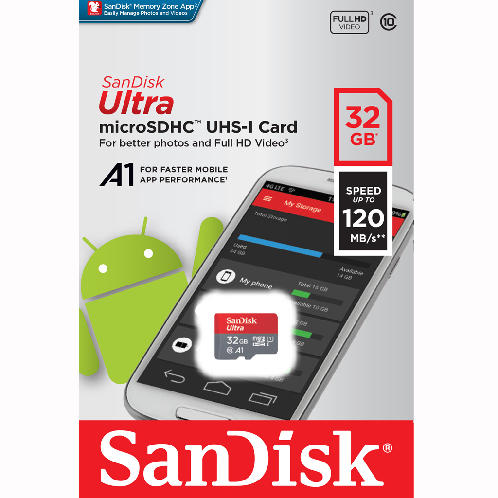 SanDisk MicroSD Card 32Gb Class10 Speed 120mb/s TFCARD ใส่โทรศัพท์ รองรับการลงแอพในเมม เล่นแอพได้เร็ว ประกัน Synnex10ปี SDSQUA4-032G-GN6MN