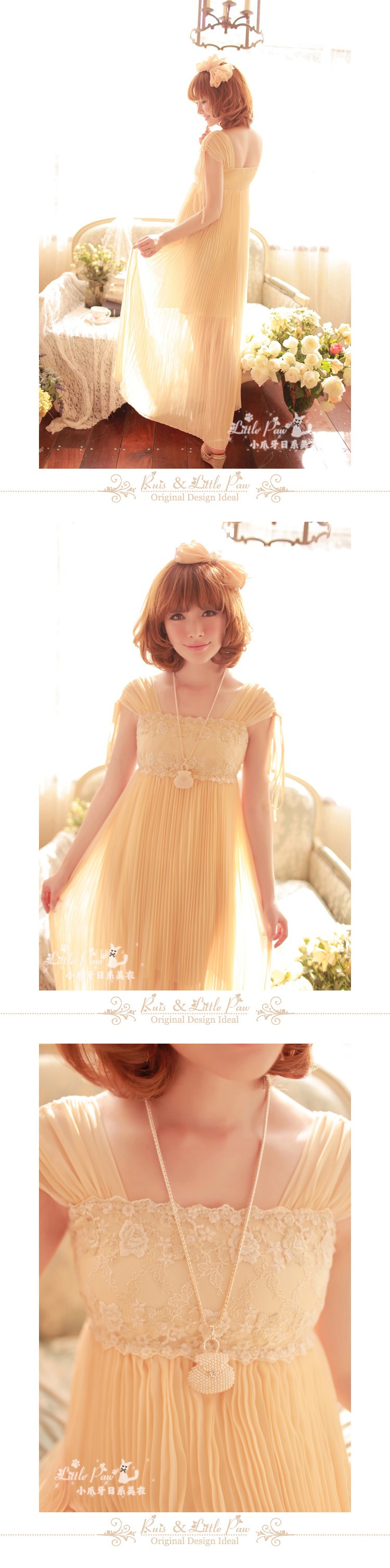 ชุดเดรสยาว ผ้าชีฟองสีฟองสีเหลือง กระโปรงอัดพลีต ส่งฟรี ems