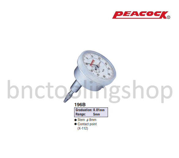 ไดอัลเกจ ขนาด 5มิล ความละเอียด 0.01มิล,Back plunger type Dial Gauges Range 5mm Graduation 0.01mm,Peacock,196B