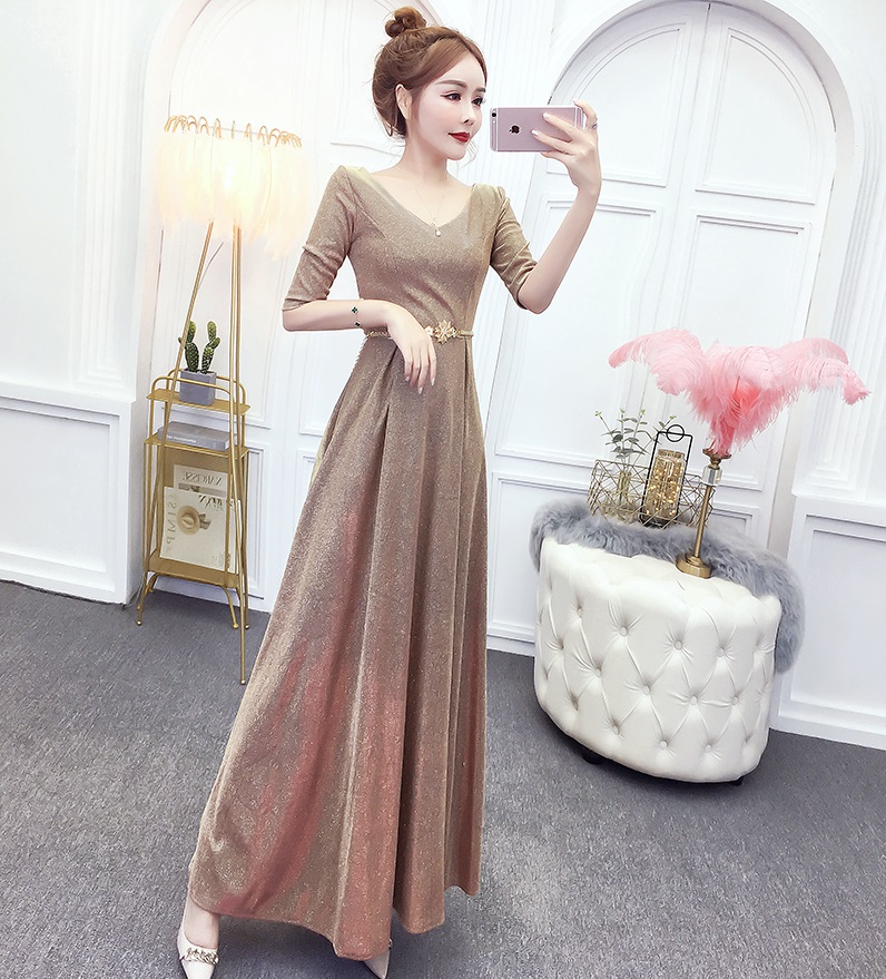 ชุดราตรีผ้ากลิสเตอร์ สีทองเหลือบชมพู แถมเข็มขัดสีทอง ส่งฟรี ems