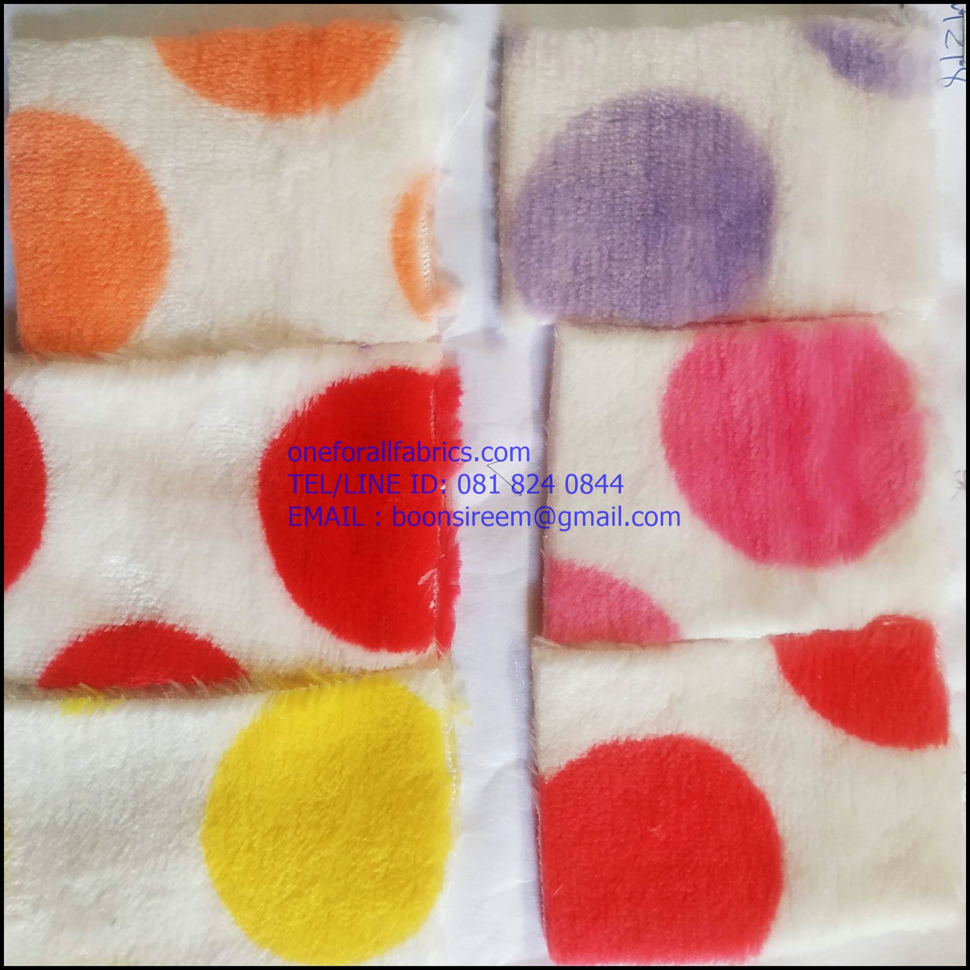 ผ้าขนสั้นสองหน้าลายวงกลมใหญ่สีสด coral fleece print ผ้าทำผ้าห่ม ผ้าทำหมอน ผ่้าทำเสื้อคลุม ผ้าทำเสื้อหนาว หน้าผ้า 62'