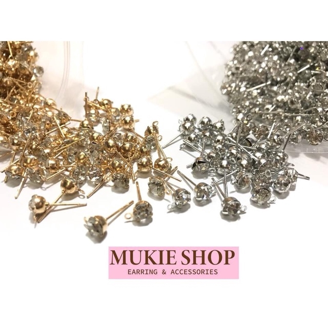 [ขายส่ง] อะไหล่ก้าน ต่างหู หัวเพรช (Diamond pin) 5,6 mm พร้อมห่วงห้อย