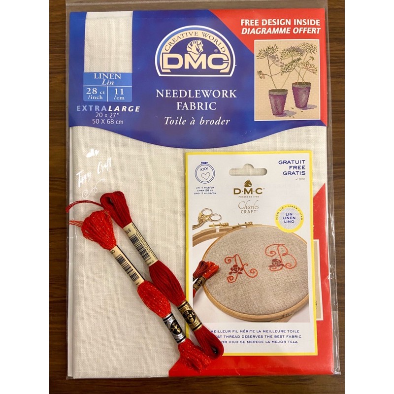 DMC ชุดผ้าลินิน 100% needlework fabric มาพร้อมไหม และ pattern การปักตัวอักษร A-Z