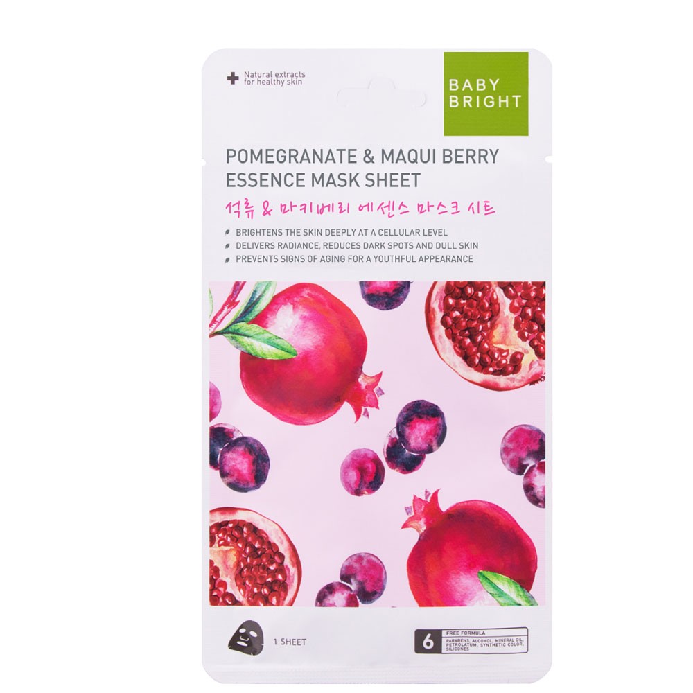 Baby Bright Pomegranate & Maqui Berry Essence Mask Sheet 20G เบบี้ไบร์ท พอมเมอแกรนเนทแอนด์มาคีเบอร์รี่เอสเซนต์มาส์กชีท 20G สูตรผิวกระจ่างใสเพียงข้ามคืน จำนวน 1 ชิ้น ขนาด 20 กรัม/ชิ้น