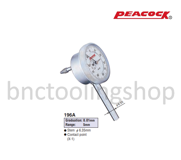 ไดอัลเกจ ขนาด 5มิล ความละเอียด 0.01มิล,Back plunger type Dial Gauges Range 5mm Graduation 0.01mm,Peacock,196A