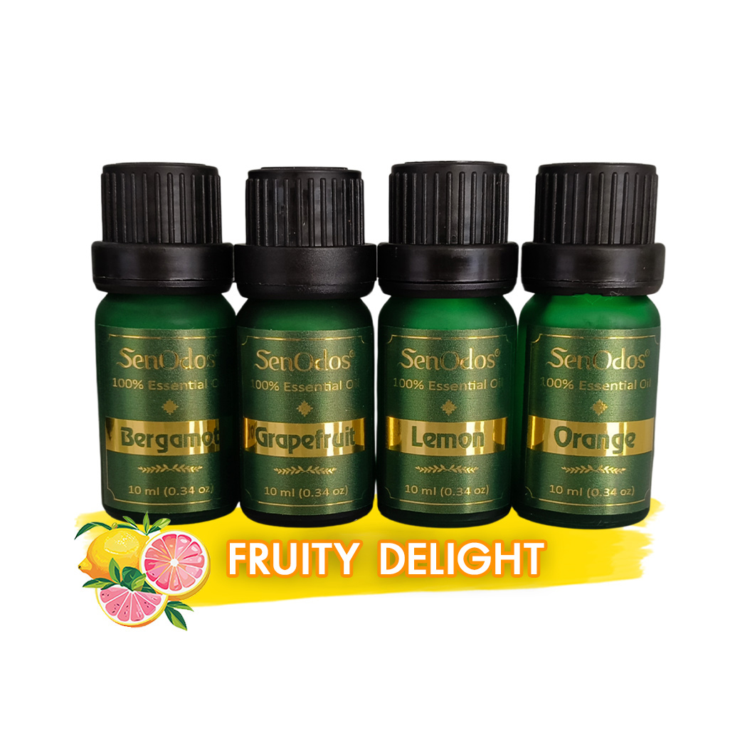 SenOdos น้ำมันหอมระเหย น้ำมันหอมอโรม่า กลิ่นหอมผลไม้ (Fruity Delight Set) - Essential Oil 10ml x 4กลิ่น(เลมอน,กลิ่นส้ม,กลิ่นมะกรูดและกลิ่นส้มโอ)