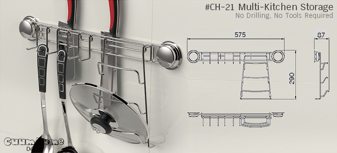 CH-21 ที่วางมีด ตะขอ และที่วางฝา ไม่ต้องเจาะผนัง -Multi Function Kitchen Storage