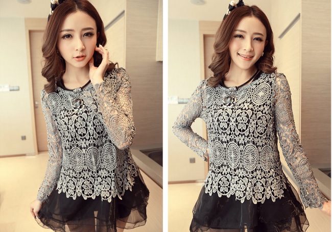 เสื้อผ้าลูกไม้แขนยาวสีเทา ส่งฟรี ems