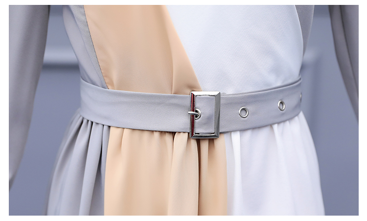 ชุดเดรสใส่ทำงาน ผ้าโพลีเอสเตอร์ผสมสีเทาแขนยาว ส่งฟรี ems