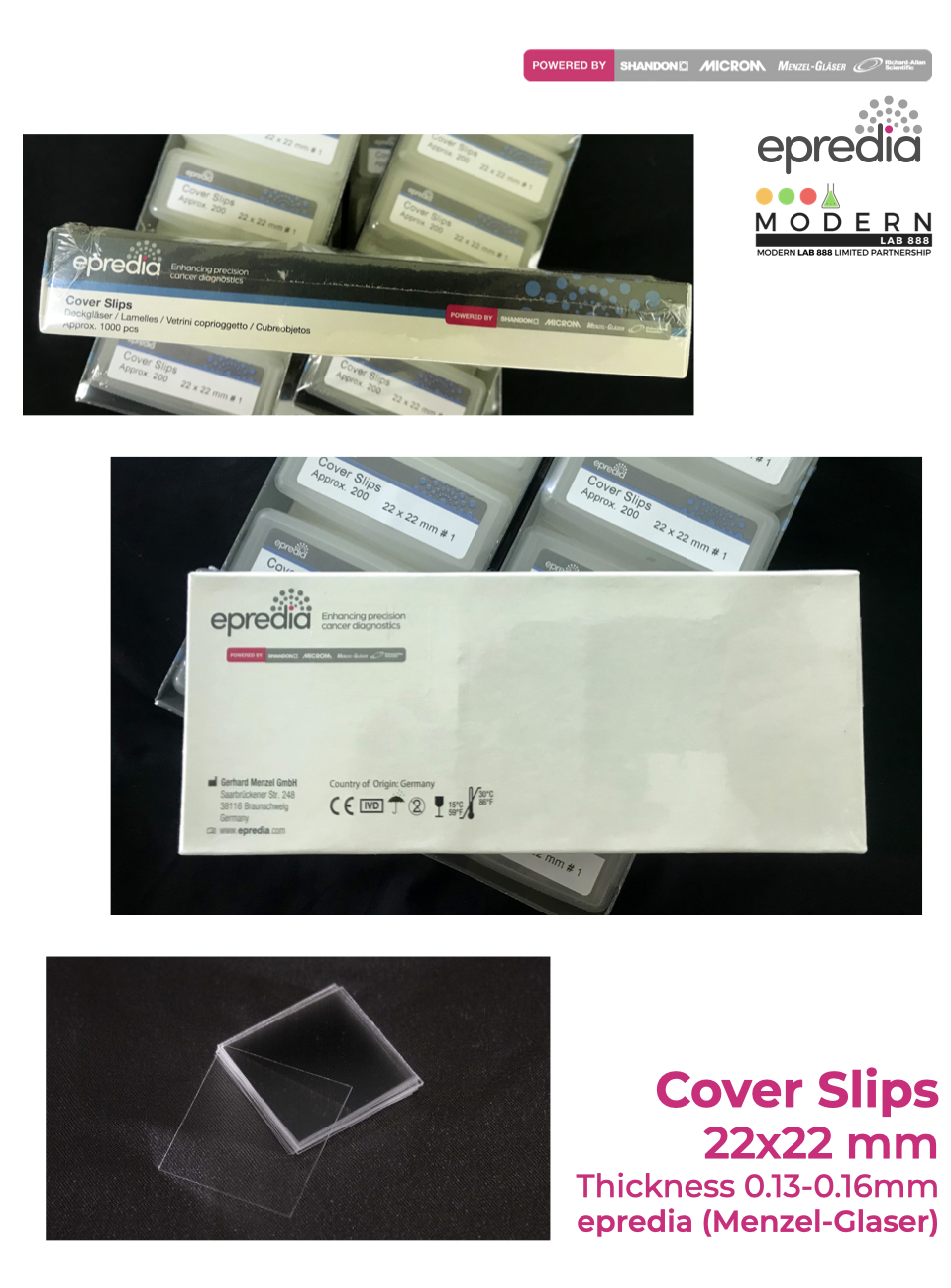 กระจกปิดสไลด์ / Microscope Slides and Coverslips, 22x22mm, 1,000pcs/pack, Epredia (Menzel-Glaser™)