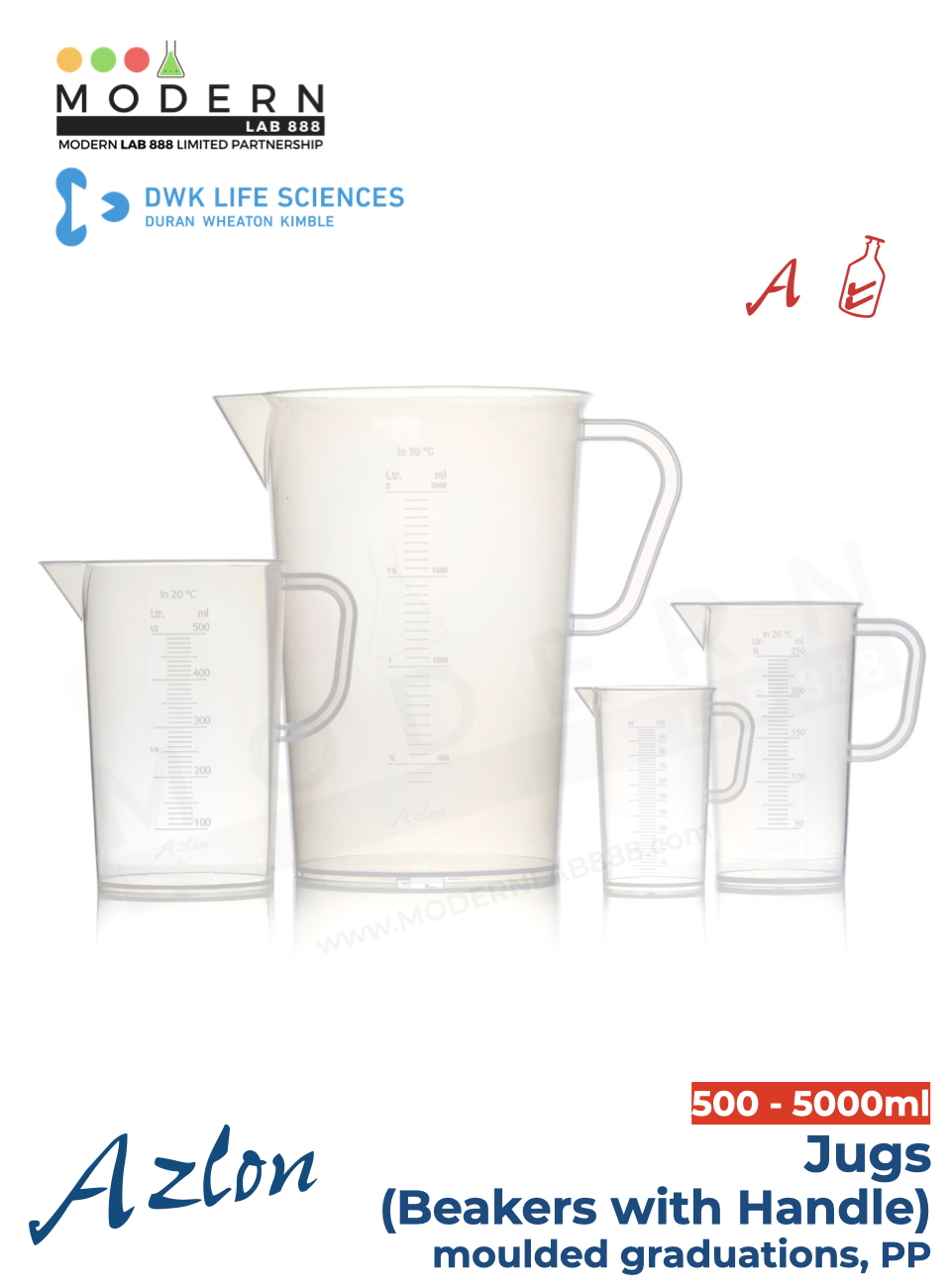 บีกเกอร์มีหูจับ พลาสติก PP แบบสเกลตัวนูน / Jug, moulded graduations, PP, "AZLON"