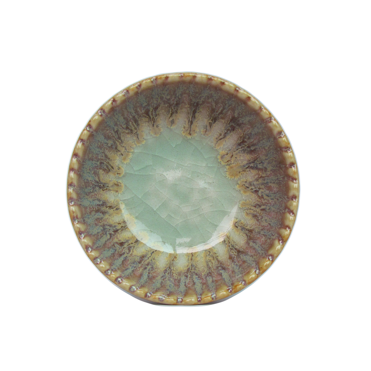 เตาเผาน้ำมันหอมระเหย เซรามิค เครื่องปั้นดินเผา เนื้อศิลาดล สีเขียวหยก ลวดลายใบมะกอก และลายน้ำไหลหลากสีสวยงาม