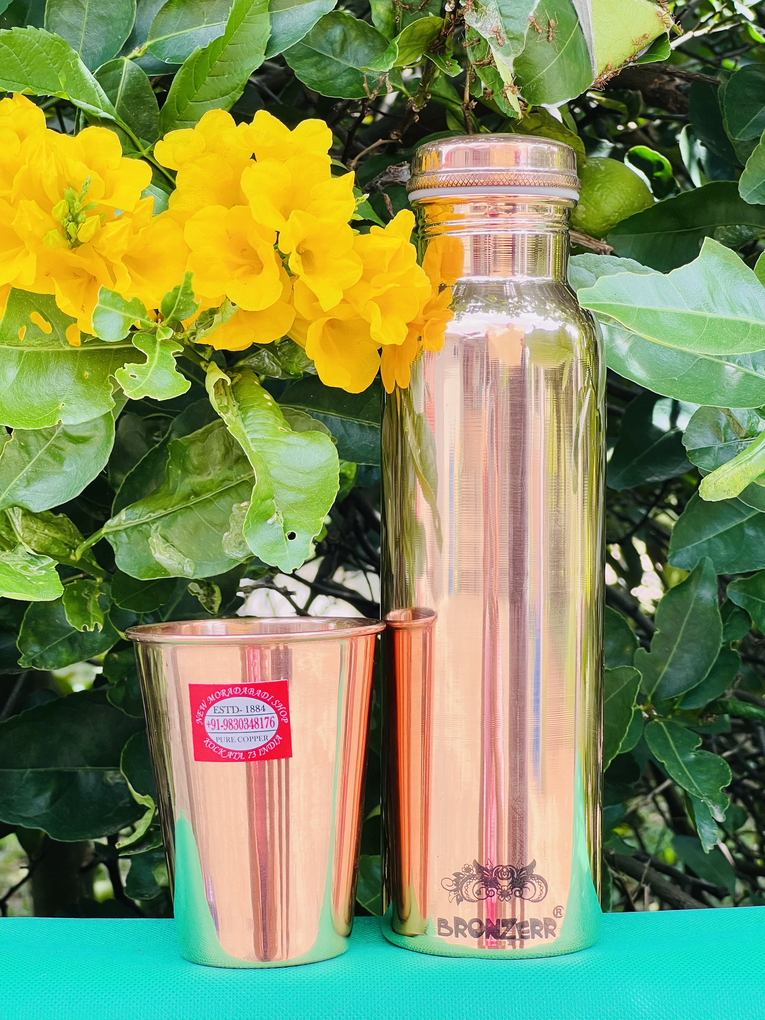 ขวดทองแดงแท้ 1ลิตร+แก้ว ขวดทองแดงอินเดีย แบรนด์แท้Bronzerr