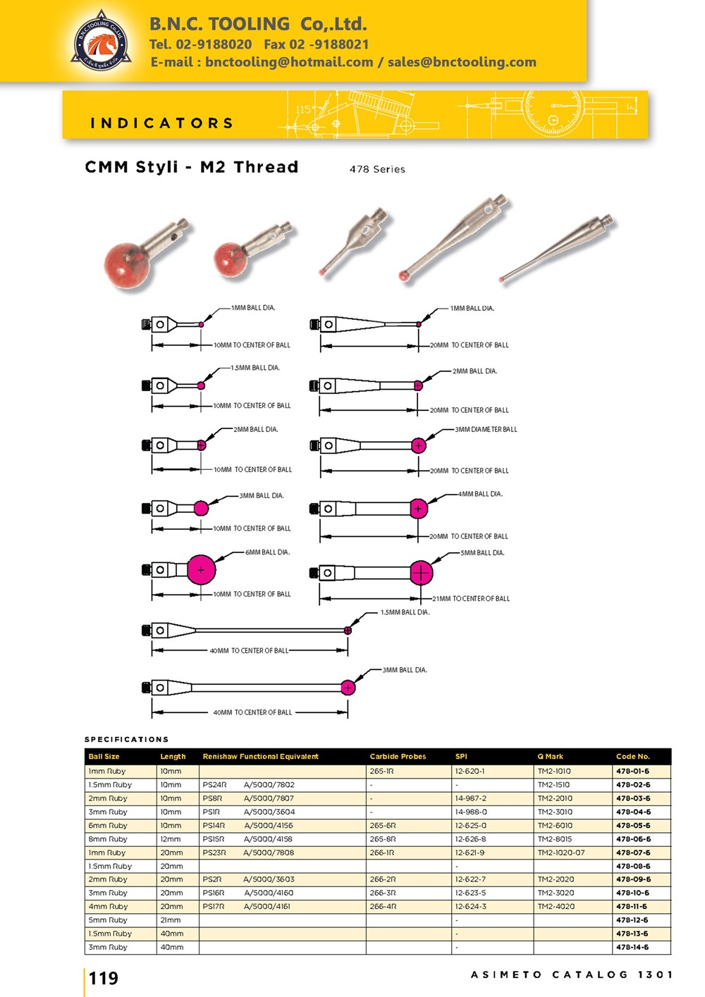 ASIMETO,P119,CMM Styli - M2 Thread,478-01-6