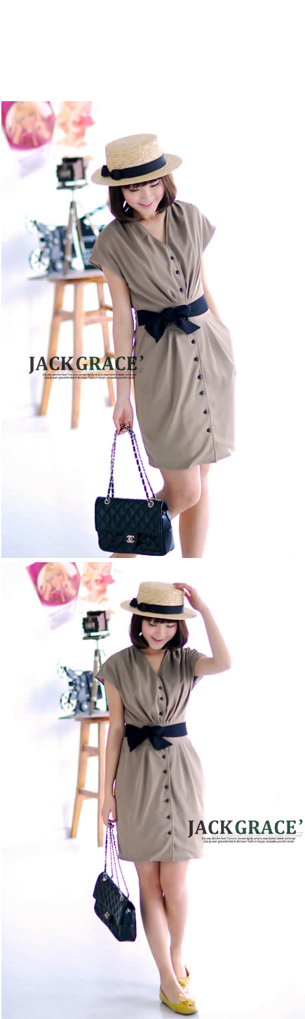 ชุดเดรสสีน้ำตาลอ่อน แต่งผ้าผูกเอวสีดำ ส่งฟรี ems