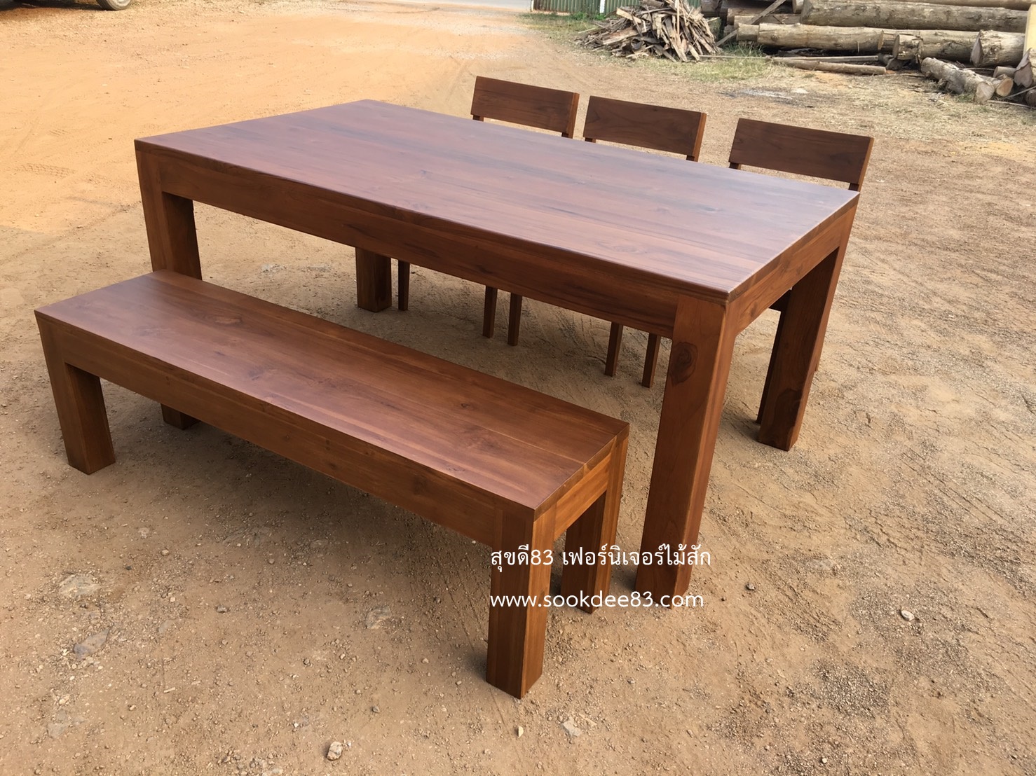 ชุดโต๊ะกินข้าวขาตรง 2 ม. ม้านั่งยาว เก้าอี้ 3 ตัว