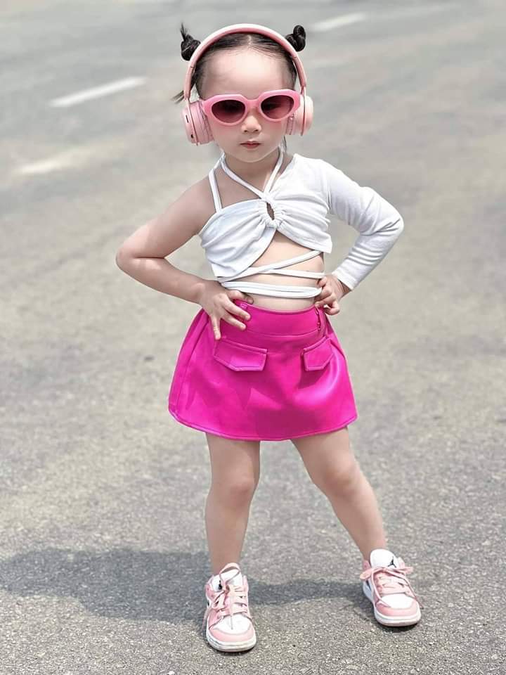 💜พร้อมส่ง💜ชุดเด็กผู้หญิง/JA96_เฟซเปิดไหล่ 1 ข้างกระโปรงชมพูหนัง