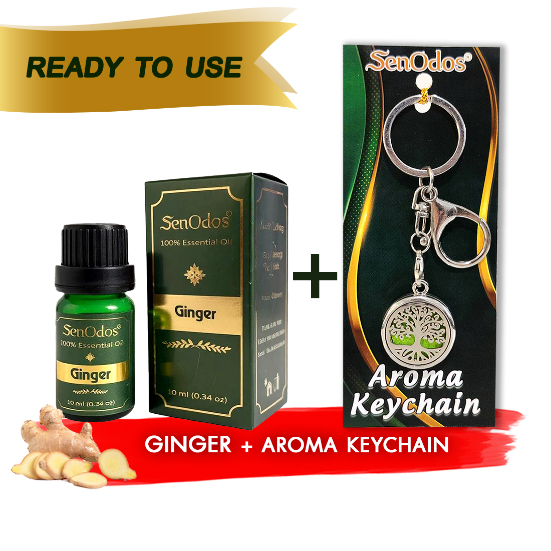 SenOdos น้ำมันหอมระเหยแท้ กลิ่นขิง Ginger Essential Oil 10ml + น้ำหอมพกพา น้ำหอมในรถ พวงกุญแจน้ำหอม (Aroma Keychain / Car Perfume Keyring) ที่ห้อยกระเป๋า ที่ห้อยพวงกุญแจ