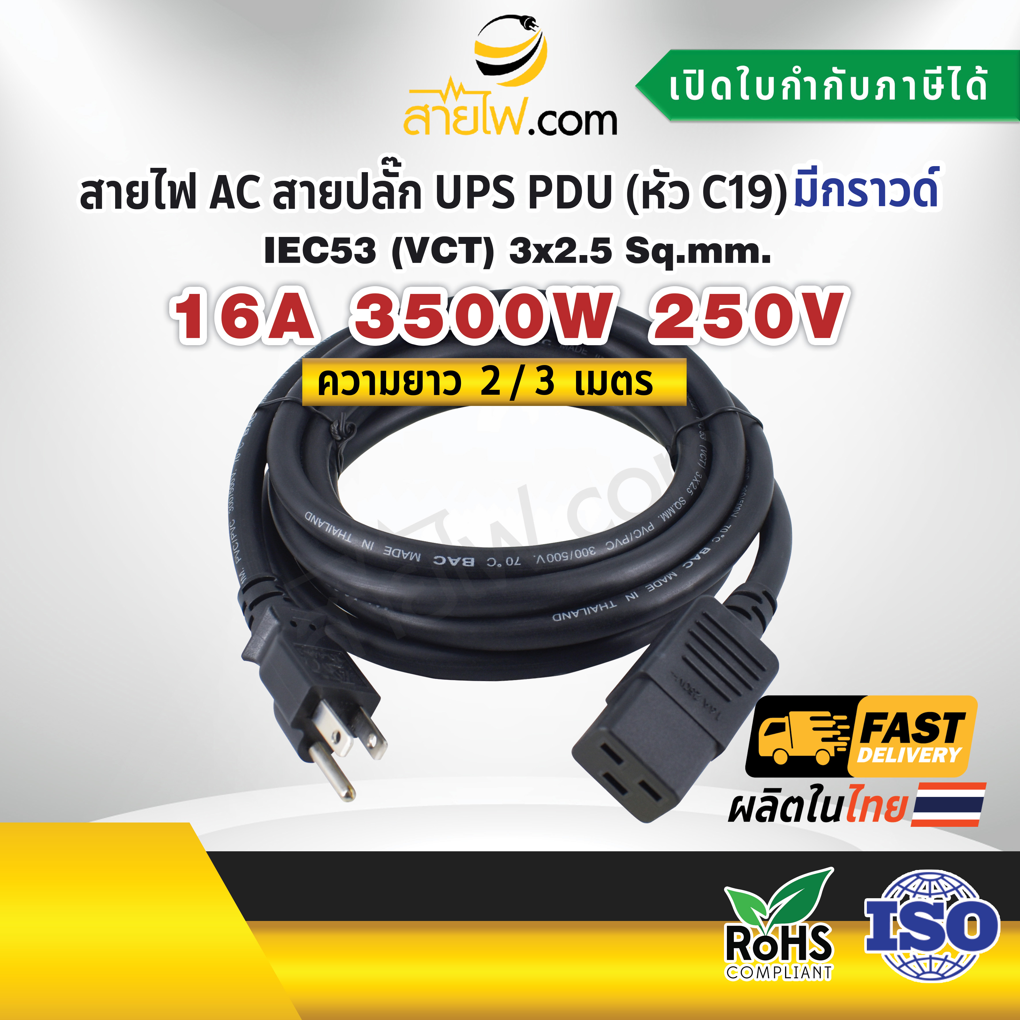 สายไฟ AC สายปลั๊ก UPS PDU 3x2.5 sqmm. มีกราวด์ Nema5-15P - C19