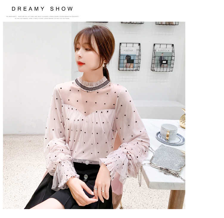 เสื้อสีชมพูอ่อน ลายจุดเล็กๆๆสีดำ เสื้อใส่ทำงานสวยๆๆ ส่งฟรี ems