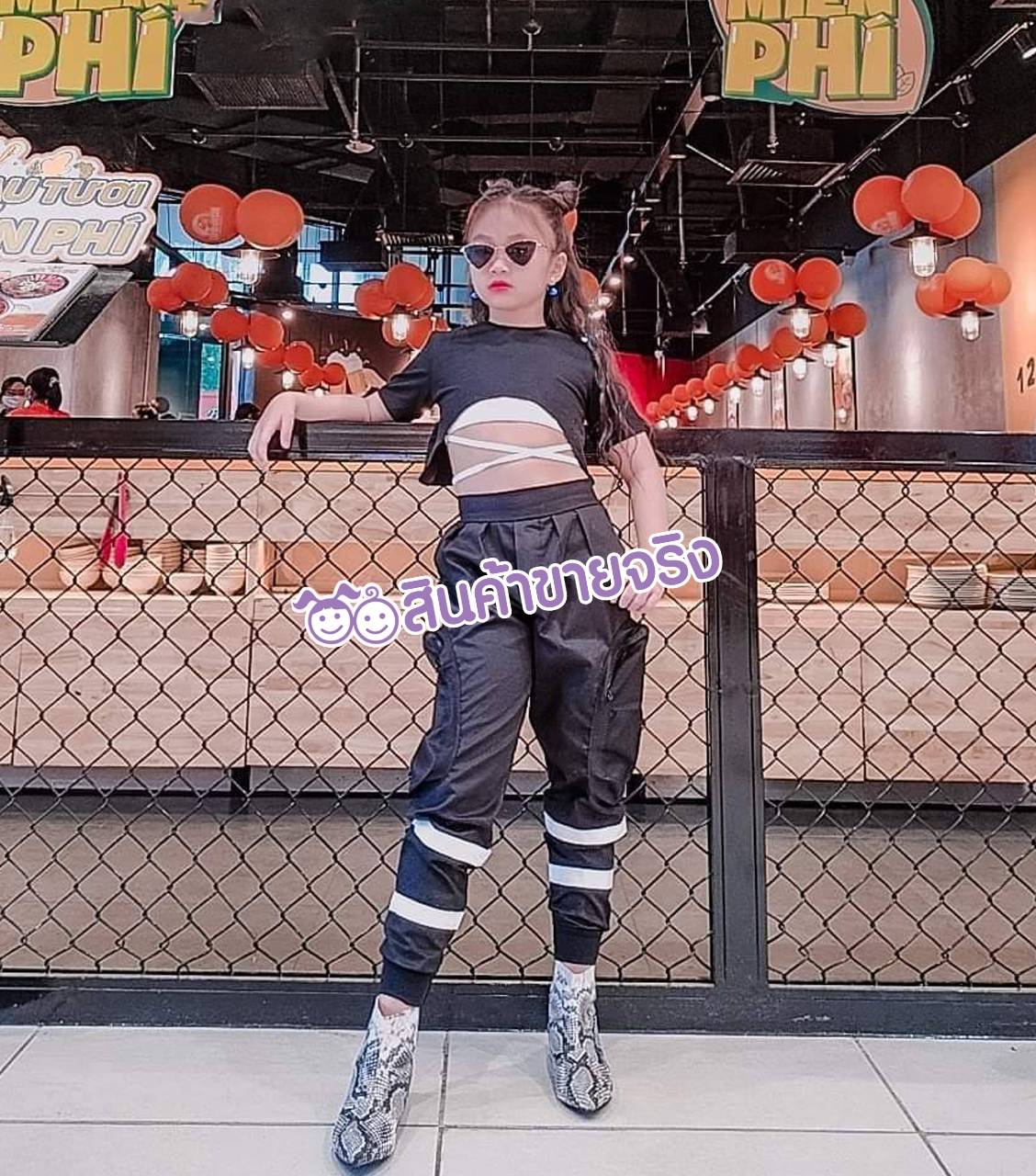 DT05/🔥พร้อมส่ง🔥ชุดเด็กผู้หญิง เซท 3 ชิ้น งานแดนซ์/ฮิปฮอป สีดำ+ขาว สุดเท่