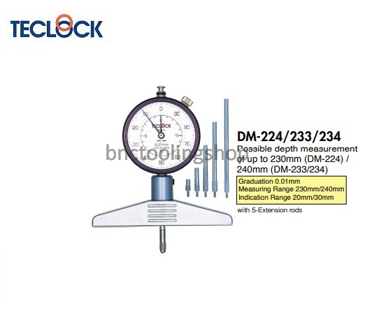 ไดอัลเกจวัดความลึกขนาด 20(230มิล ความละเอียด 0.01 มิล,Dial Depth Gauge Range 20(230)mm Graduation 0.01mm,TECLOCK,DM-224