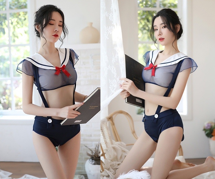 C2022 ชุดนักเรียนญี่ปุ่นเซ็กซี่ ชุดคอสเพลย์อีโรติกมาในแบบชุดนักเรียนญี่ปุ่นคอปกกะลาสีเรือ ตัวเสื้อเป็นแบบเอวลอยผ้าโปร่งบางมาพร้อมกับกางเกงขาสั้นเปิดเป้ามีสายเอี้ยมตามรูปถ่ายสินค้าจริงเลยค่ะ (Feeetmoi)