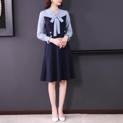 ชุดเดรสสีน้ำเงินแขนยาว ผ้าคอตตอนผสม spandex เนื้อดี ทิ้งตัวสวย ส่งฟรี