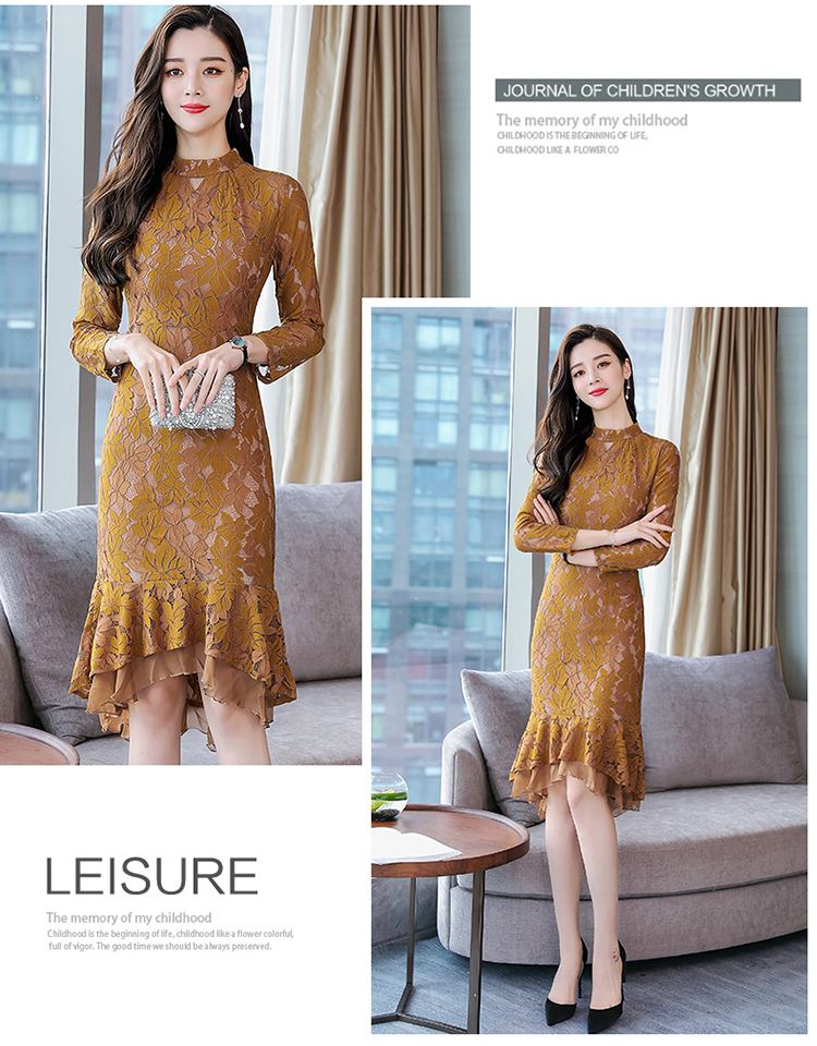 ชุดเดรสผ้าลูกไม้เนื้อดีแขนยาว โทนสีน้ำตาลอ่อน ทรง fish tail ส่งฟรี ems