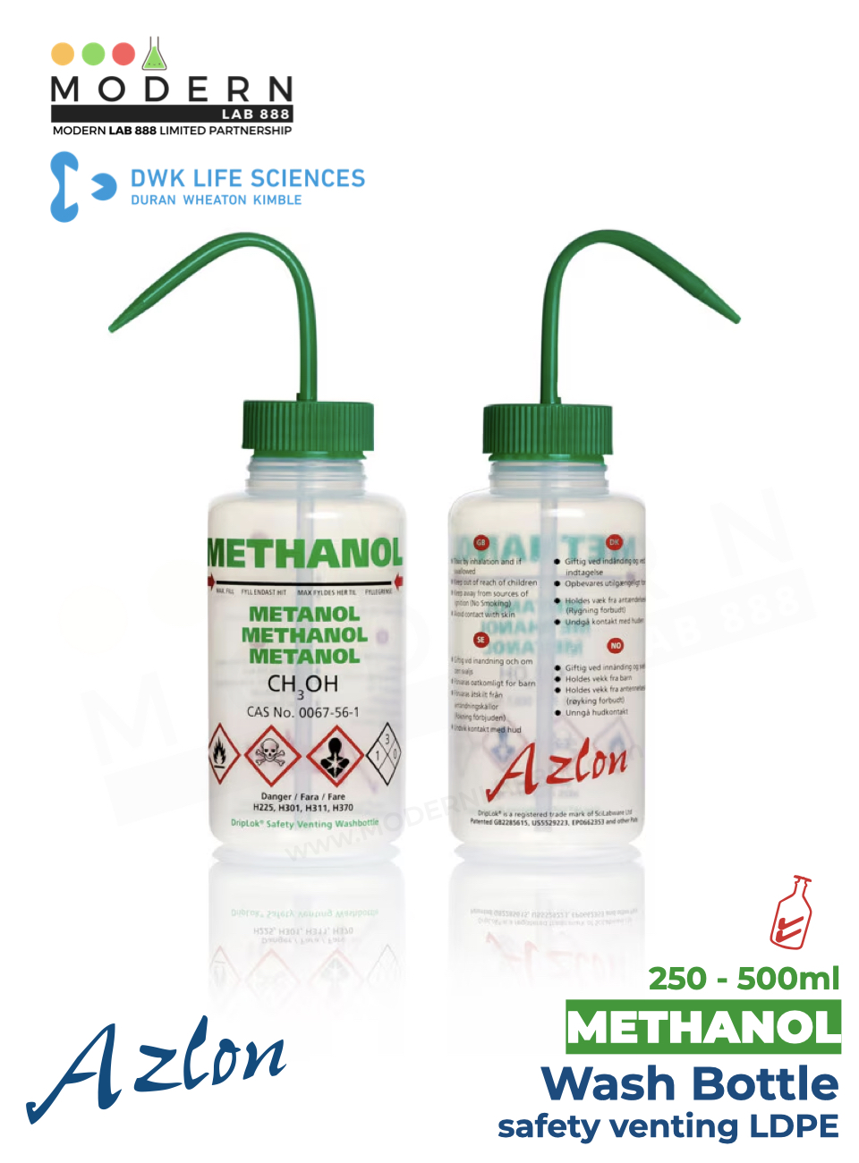 ขวดฉีดล้างพลาสติก METHANOL / AZLON® Wash Bottle, safety venting LDPE, "METHANOL"