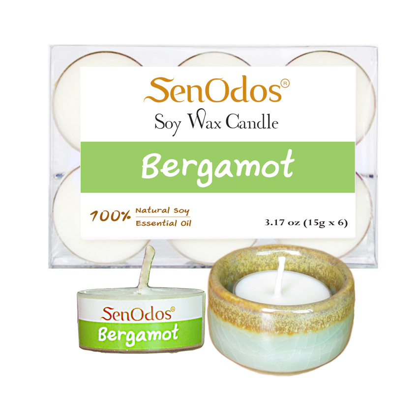 SenOdos เทียนหอม อโรม่า เทียนทีไลท์ Tealight Set Bergamot Scented Soy Candles Aroma - กลิ่นมะกรูดแท้ 15 g (6 PCS) + เชิงเทียน ที่วางเทียนทีไลท์ ศิลาดล (เซลาดล) สีเขียวหยกขอบทอง