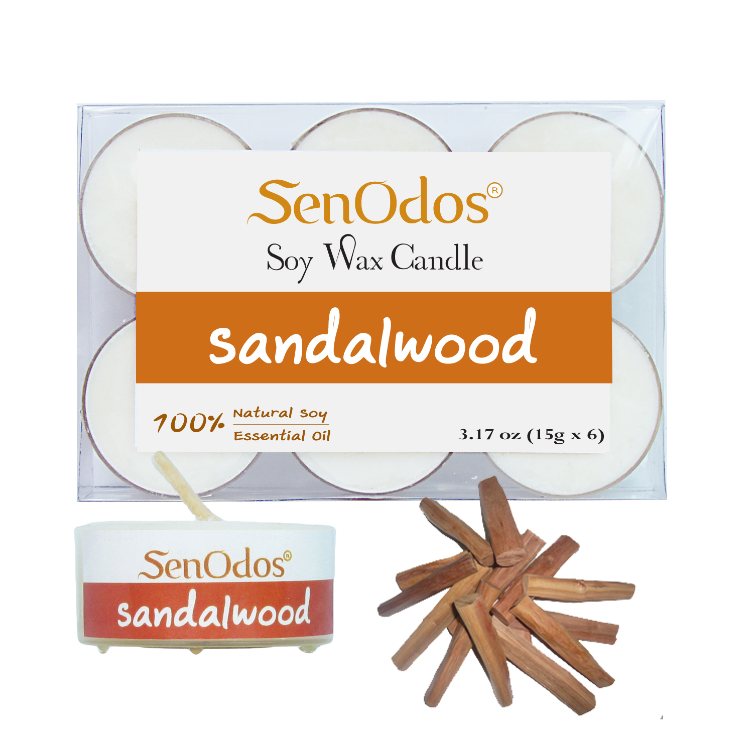 SenOdos เทียนหอมอโรม่า เทียนทีไลท์ Tealight Set Sandalwood Soy Candles - กลิ่นไม้หอมแก่นจันทร์แท้ 15 g. (6 PCS)