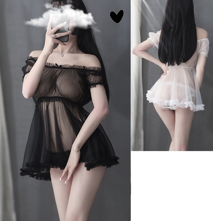 N822 ชุดนอนเซ็กซี่ ชุดนอนอีโรติกเป็นผ้าซีทรูสวมใส่แบบเสื้อปาดไหล่เอวจั้ม มาพร้อมกับกางเกงในซีทรูตามรูปถ่ายสินค้าจริงเลยค่ะ