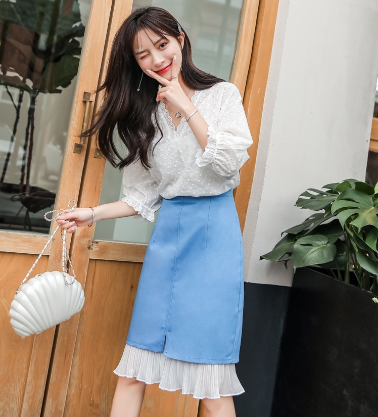ชุดเซ็ทเสื้อสีขาว กระโปรงสีฟ้าน่ารักมากๆๆค่ะ ส่งฟรี ems