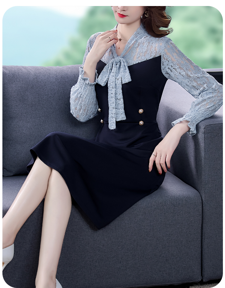 ชุดเดรสสีน้ำเงินแขนยาว ผ้าคอตตอนผสม spandex เนื้อดี ทิ้งตัวสวย ส่งฟรี