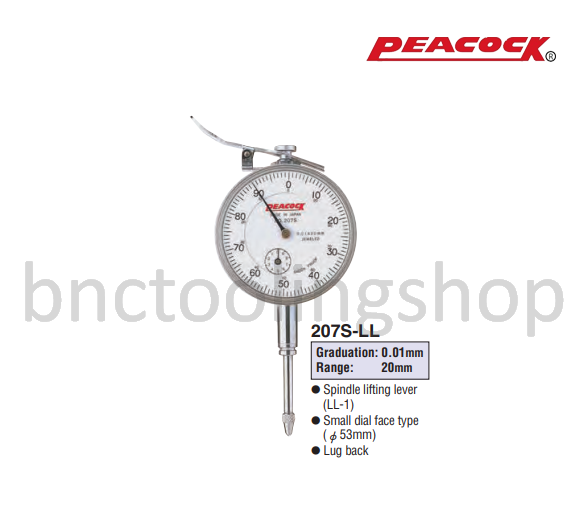 ไดอัลเกจขนาด 20มิล ความละเอียด 0.01มิล,Long Travel Dial Gauges Range 20mm Graduation 0.01mm,Peacock,207S-LL
