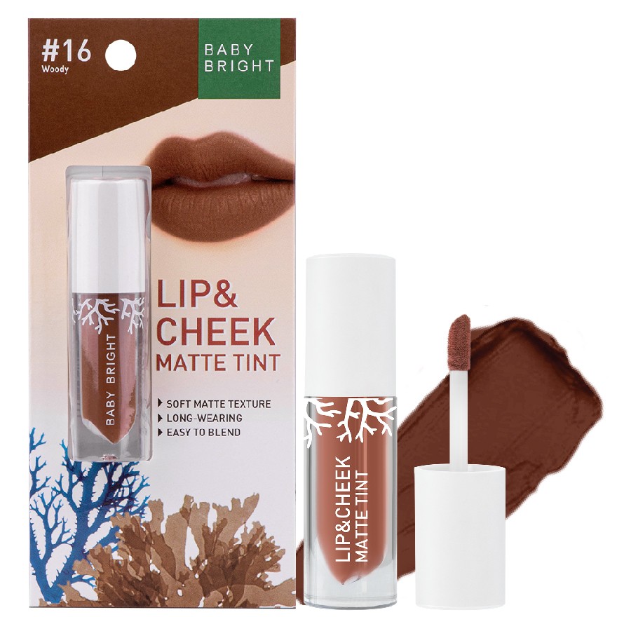 BABY BRIGHT LIP & CHEEK MATTE TINT 2.4G #16 Woody ลิปเบบี้ไบร์ท ลิปทิ้น ทิ้นท์ เนื้อแมท ใช้ได้ทั้งปากและแก้ม 2.4 กรัม สี 16 วู้ดดี้