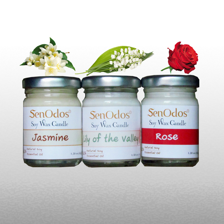 SenOdos เทียนหอมอโรม่า เทียนหอมสปา กลิ่นหอมดอกไม้โรแมนติค Romantic Floral Set - Soy Candles 45g x3กลิ่น (มะลิ,ลิลลี่ ออฟ เดอะ แวลเลย์,กุหลาบ)