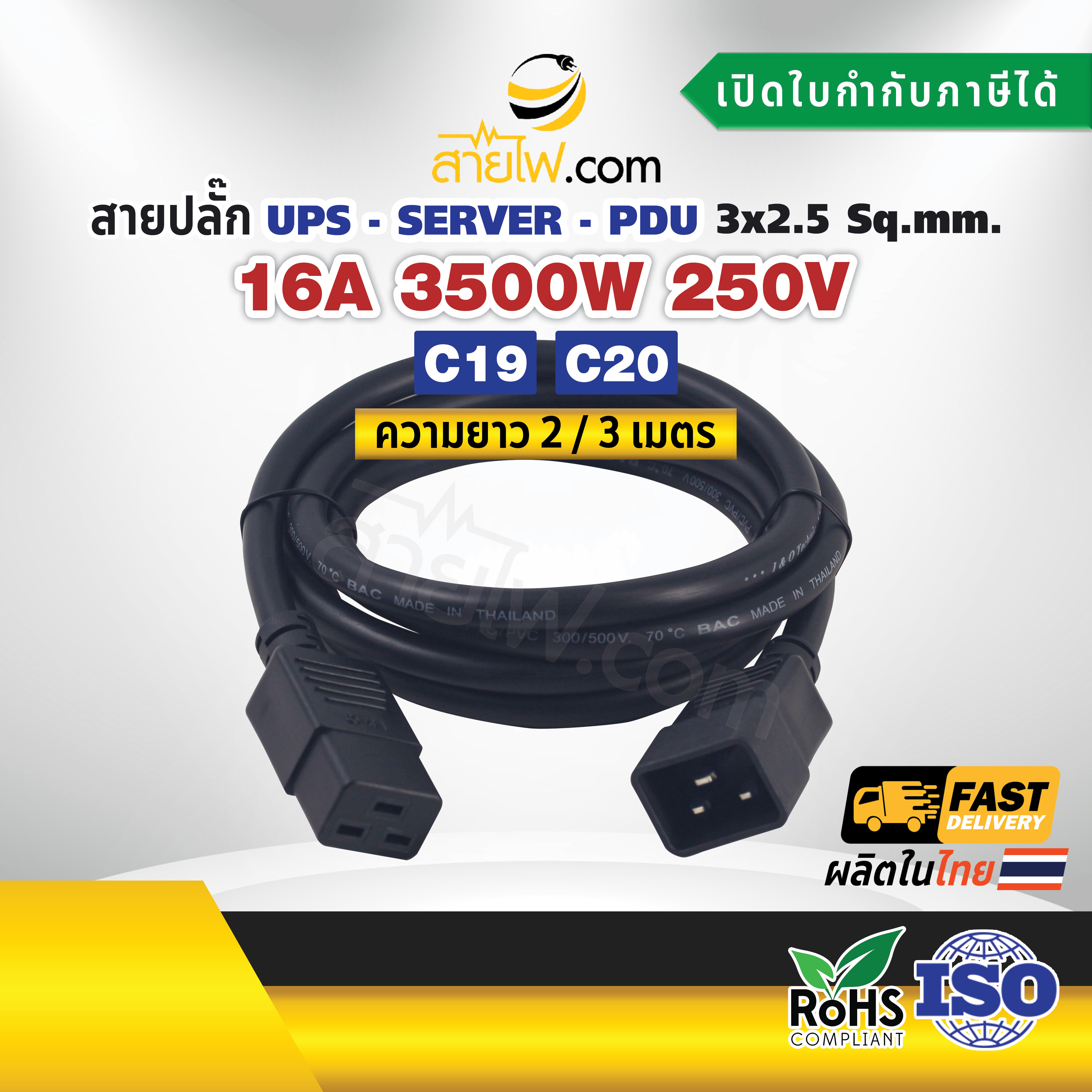 สายไฟ AC สายปลั๊ก UPS PDU 3x2.5 sq.mm. C20-C19