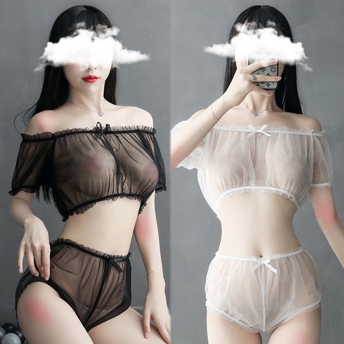 N821 ชุดนอนเซ็กซี่ ชุดนอนผ้าซีทรูมาในแบบ 2 ชิ้นบน-ล่าง ชิ้นบนเป็นเสื้อเกาะอกปาดไหล่แขนสั้น ชิ้นล่างเป็นกางเกงผ้าซีทรูไม่มีซับตามรูปถ่ายสินค้าจริงเลยค่ะ