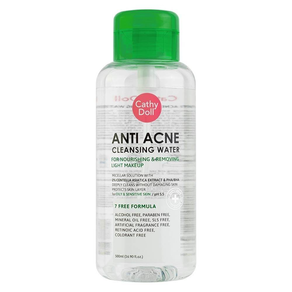 Cathy Doll Anti Acne Cleansing Water 500 ml. เคที่ดอลล์ แอนตี้แอคเน่คลีนซิ่งวอเตอร์ คลีนซิ่งทำความสะอาดหน้า เช็ดเครื่องสำอาง สูตรลดการเกิดสิว 500 มล.