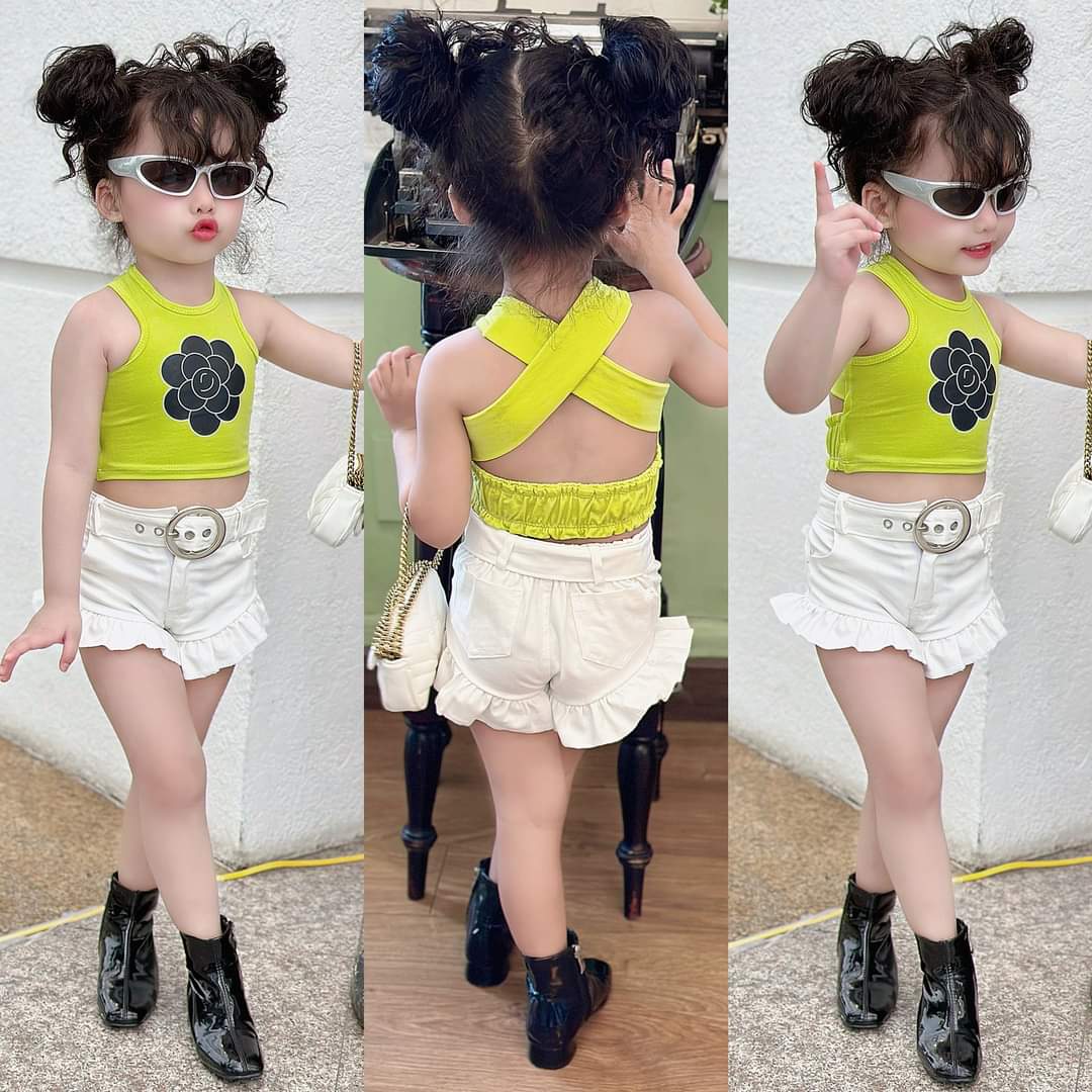 💜พร้อมส่ง💜ชุดเด็กผู้หญิง/JC91_set ดอกคาเมเลียเขียวมะนาวขาสั้น