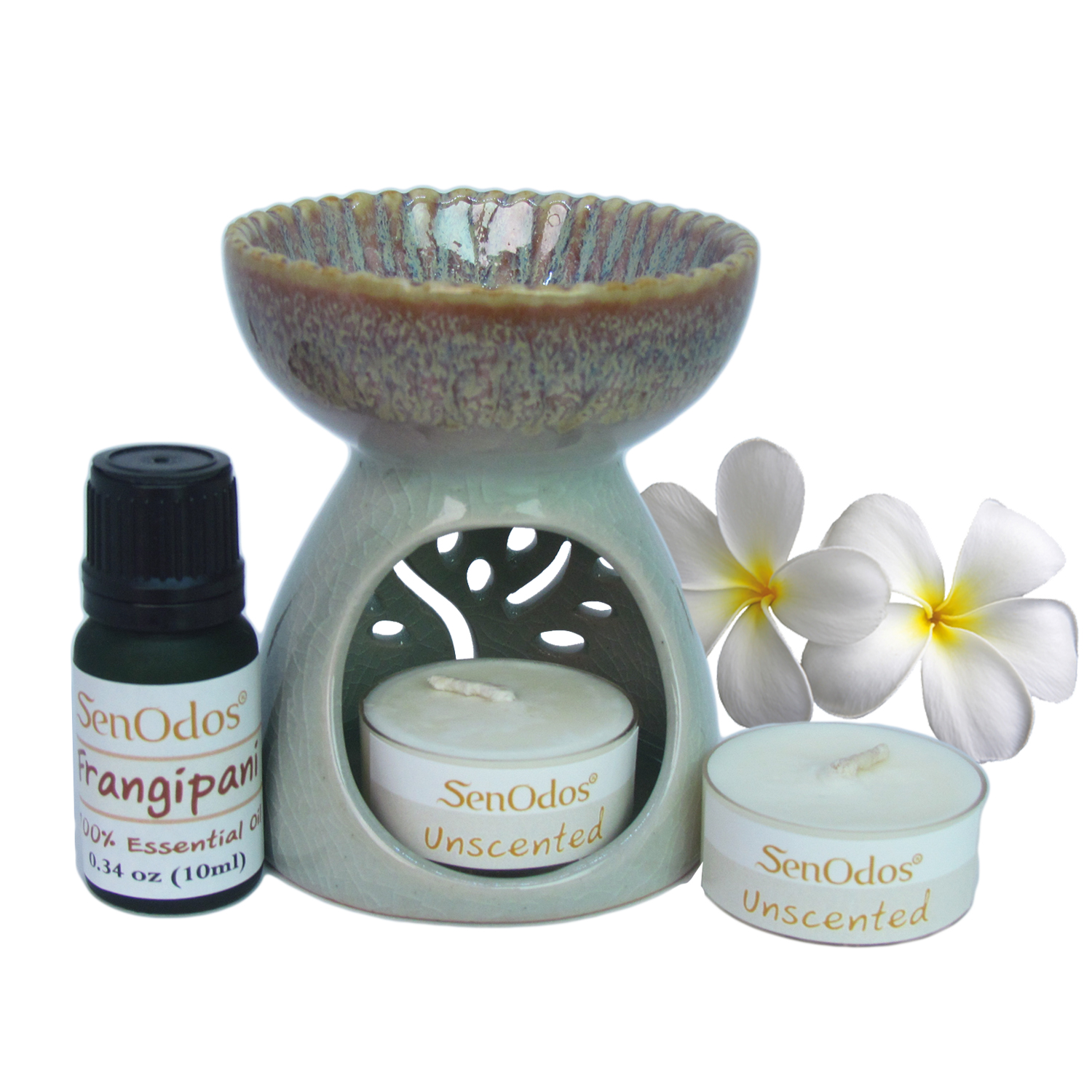 ชุดเซ็ตน้ำมันพร้อมเตาเผา กลิ่นแฟรงจิ แพนิ (ลีลาวดี) Frangipani Essential Oil 10ml +เตาเผาน้ำมันหอมระเหย เซรามิค เครื่องปั้นดินเผา เนื้อศิลาดล สีเขียวหยก ลวดลายใบมะกอก และลายน้ำไหลหลากสีสวยงาม (แถมฟรี!! เทียนไขถั่วเหลืองบริสุทธิ์ 15 g. X 2 ชิ้น ราค