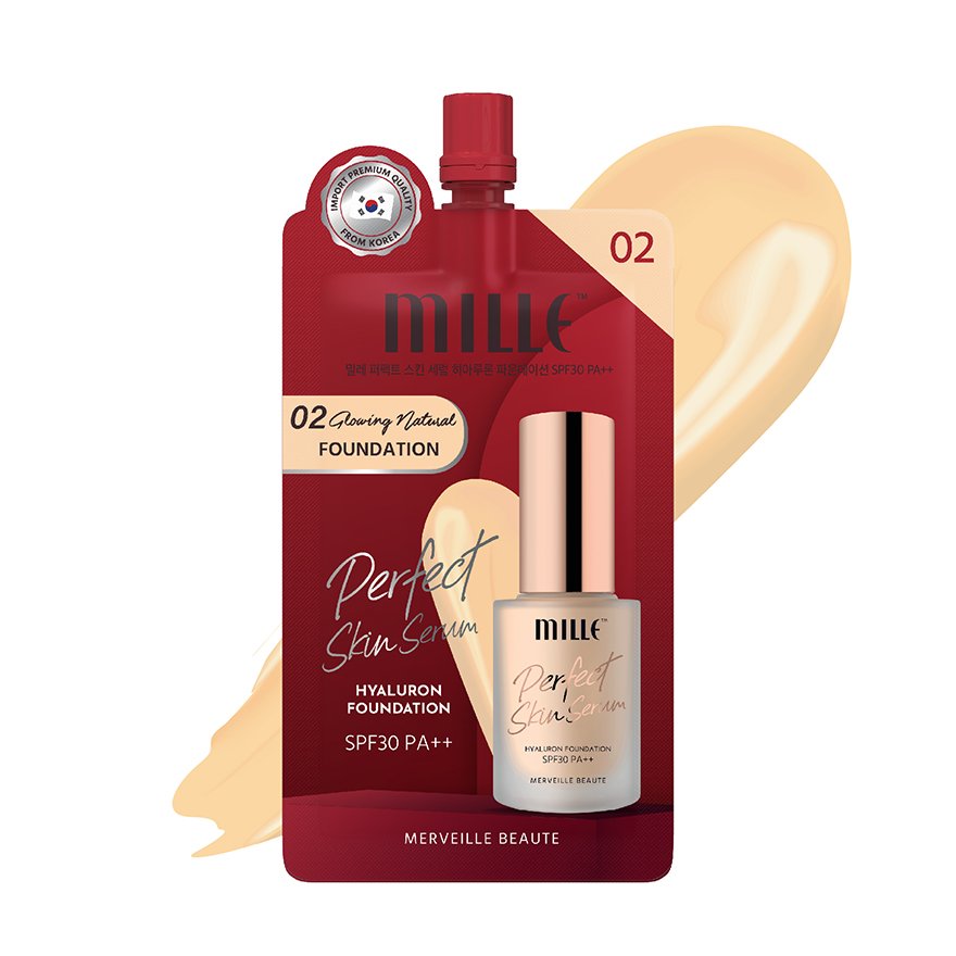 (แบบซอง) MILLE PERFECT SKIN SERUM HYALURON FOUNDATION SPF30 PA++ 6G. #02 GLOWING NATURAL MILLE รองพื้นเซรั่ม สูตรแมท เนื้อบางเบา ปกปิดสูง สี 02 GLOWING NATURAL ผิวสองสี