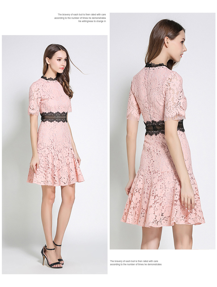 ชุดเดรสผ้าลูกไม้สีชมพู ส่งฟรี ems