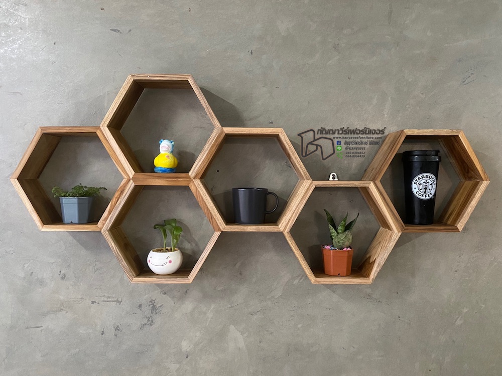 รังผึ้งชั้นตกแต่งผนังไม้สัก